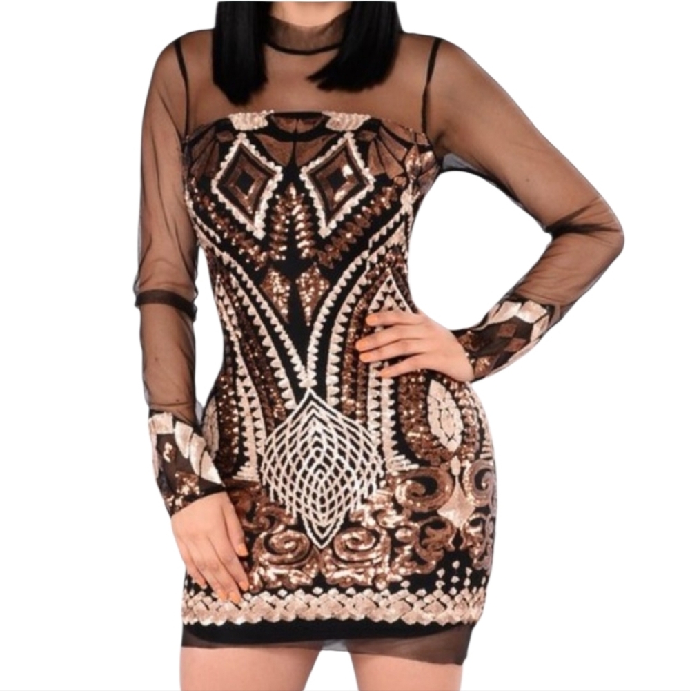 Fashion Nova Marquee Sequin Dress  Black  long sleeves Size‎ M Medium